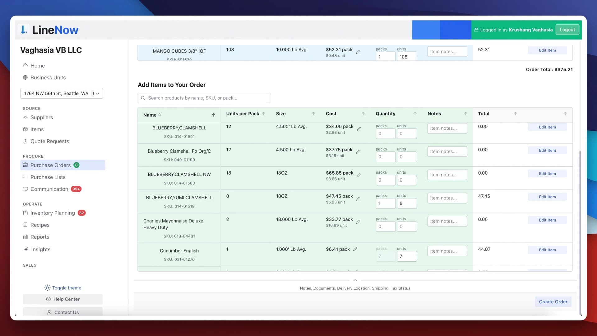LineNow purchase order workspace with item quantities, prices, and notes
