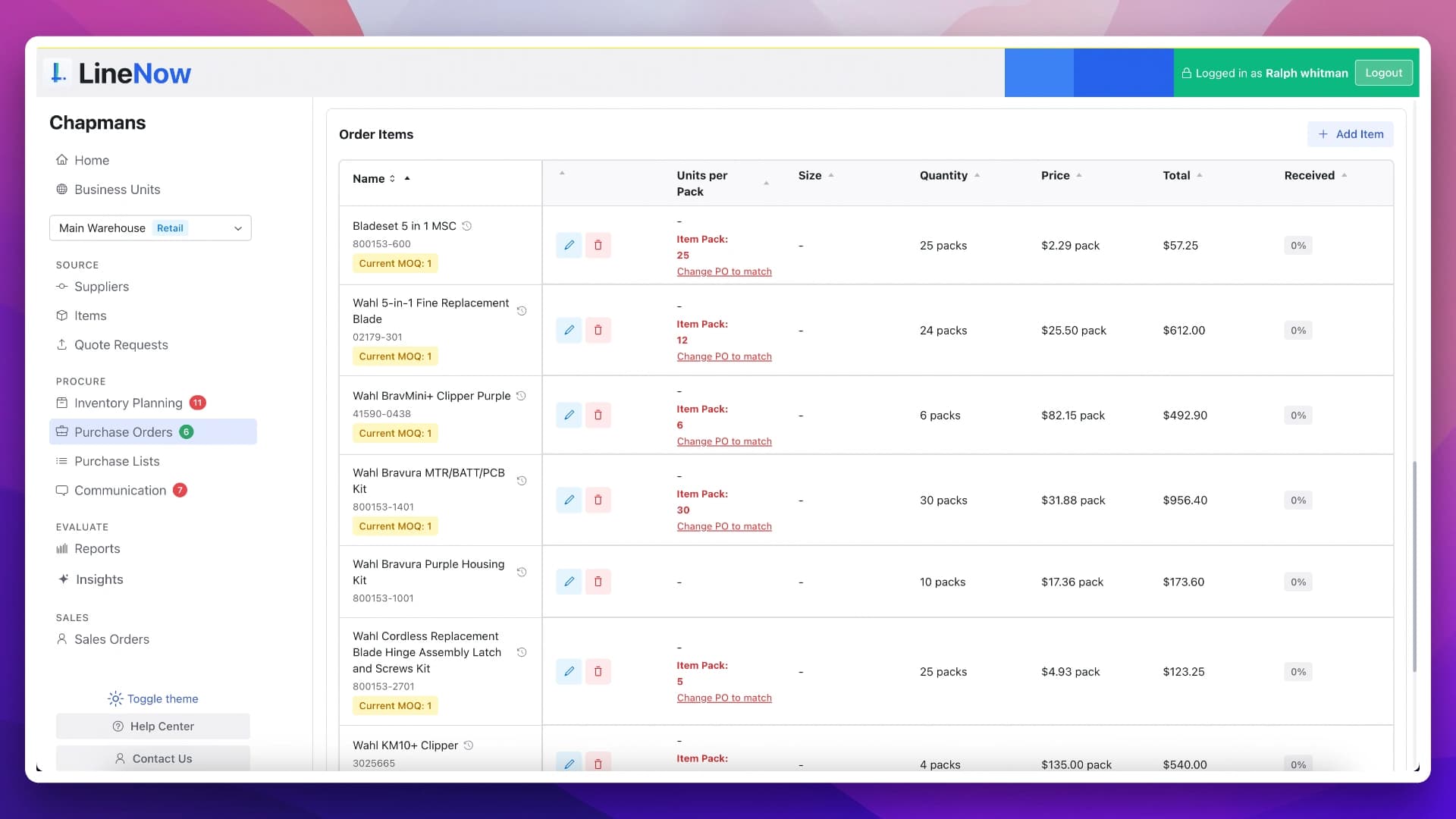 Structured purchase order inside LineNow