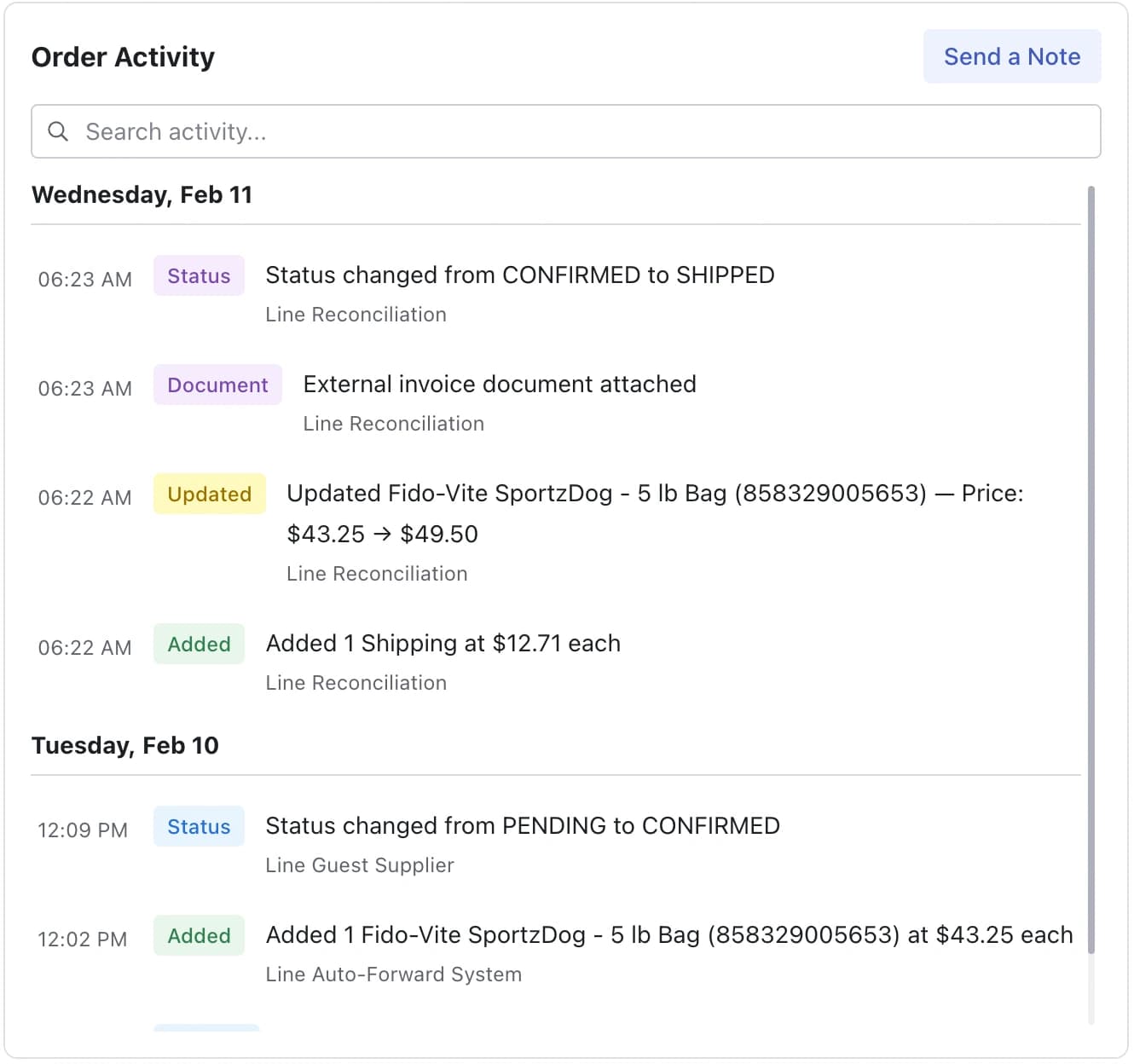 LineNow order activity showing a supplier price update, shipping charge, invoice attachment, and order status