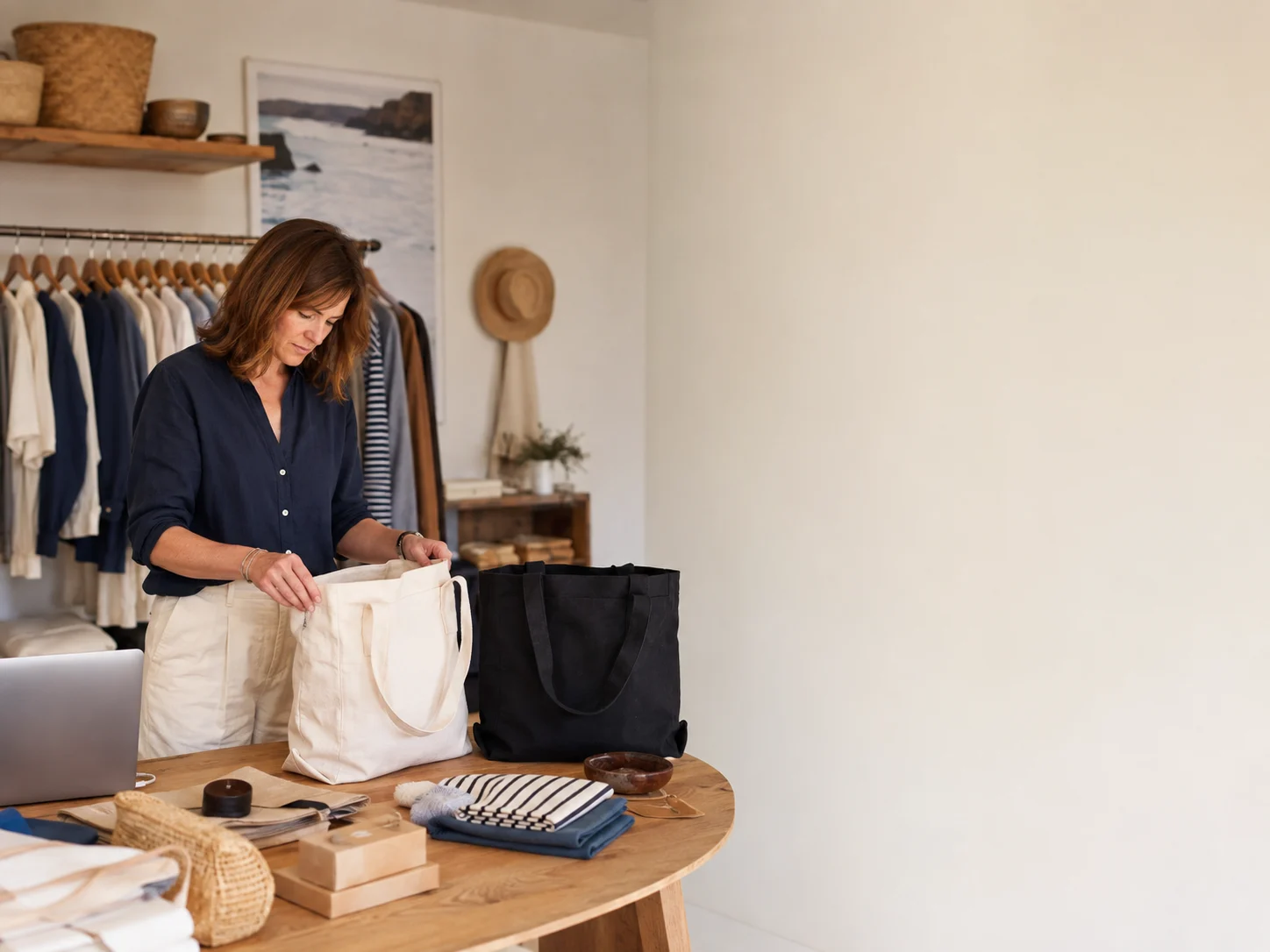 Retail buyer checking canvas tote variants before reordering