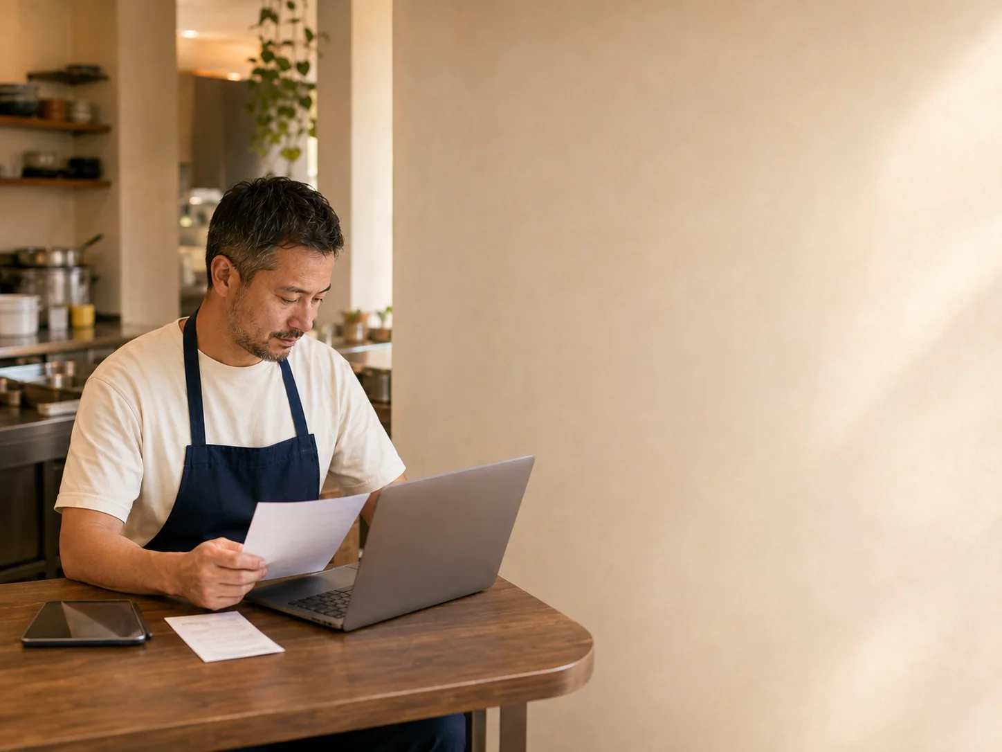 Restaurant buyer checking a supplier confirmation before the next service